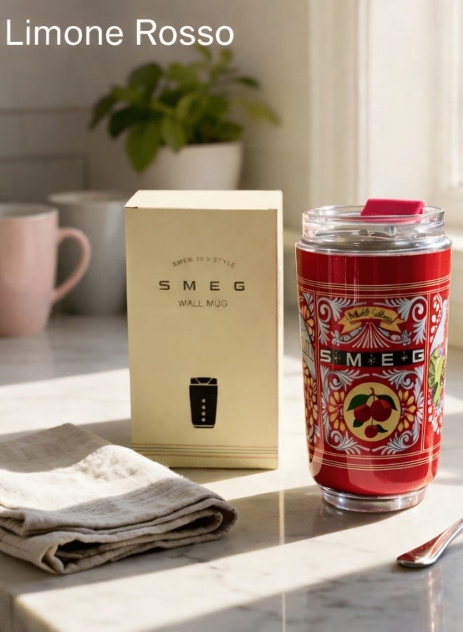 smeg 240ML Smeg Beverage Cup Travel Portable Car Drinking Cup Stainless Steel Vacuum Leak proof Coffee Thermos, Limone Rosso Red - Image 1